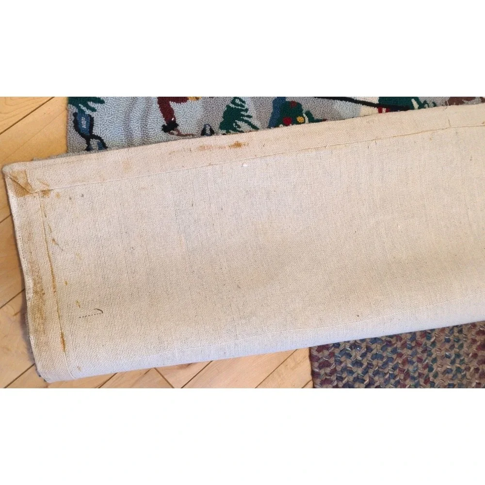 Vintage Micro Hook‎ Rug Wall Hanging Winter Scene Folk Christmas 3' x 5' Wool
